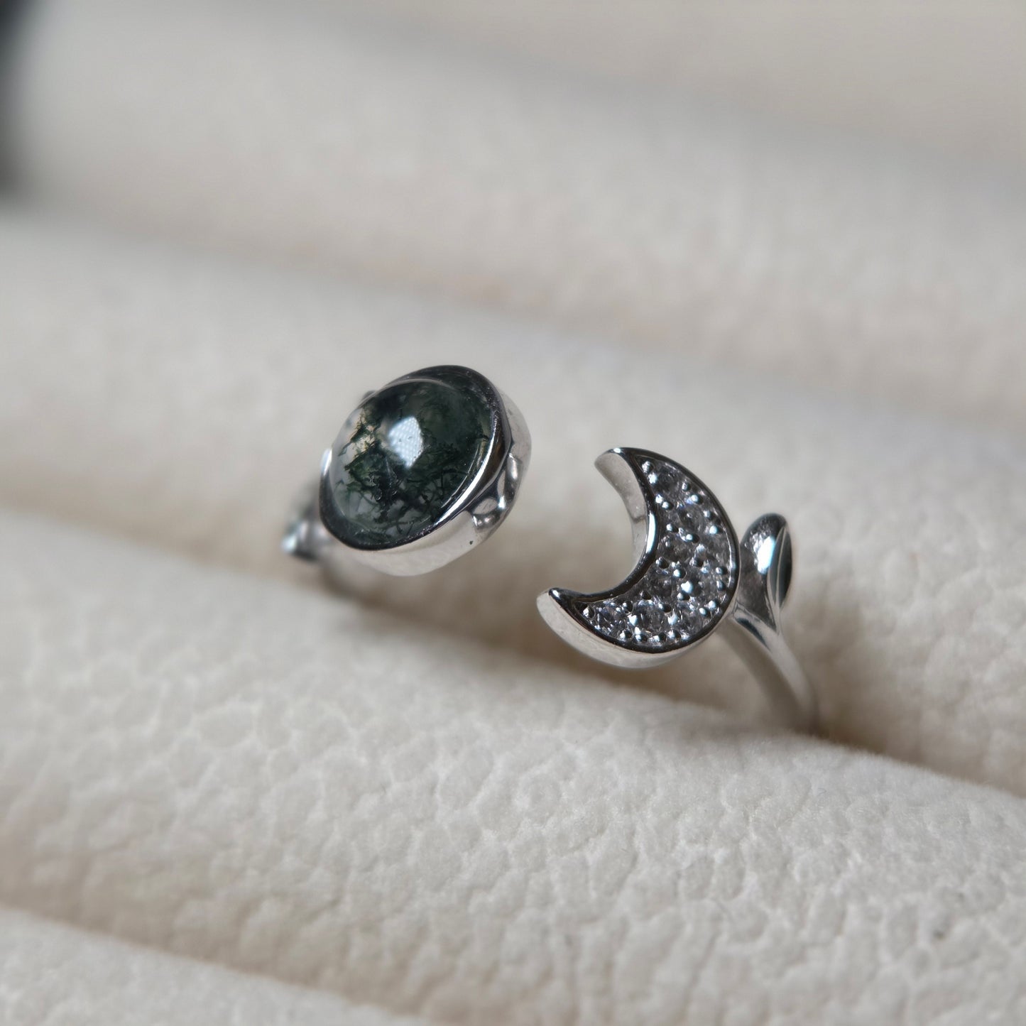 Little Forest Moon Adjustable Ring | Moss Agate 925 Sterling Silver