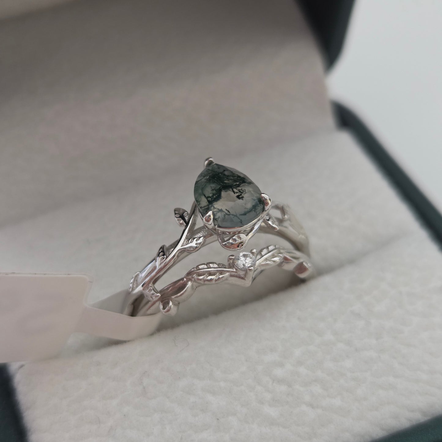 Moss Agate Promise Ring Set | Natural Moss agate Stone | Cubic Zirconia | 925 silver Moonstone&Sage