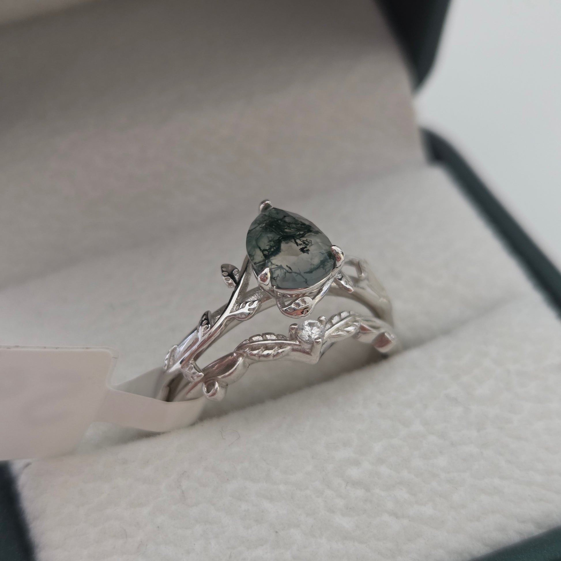 Moss Agate Promise Ring Set | Natural Moss agate Stone | Cubic Zirconia | 925 silver Moonstone&Sage