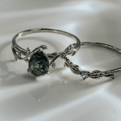 Moss Agate Promise Ring Set | Natural Moss agate Stone | Cubic Zirconia | 925 silver Moonstone&Sage