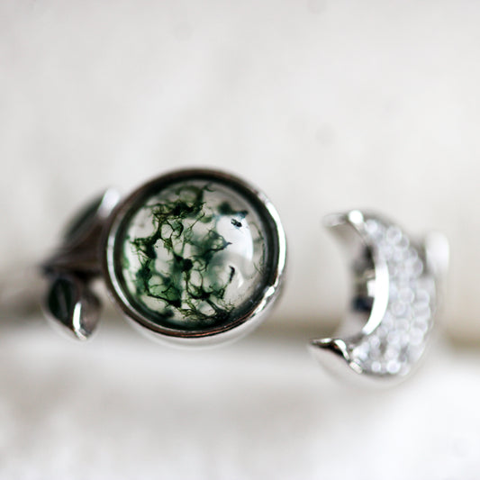 Limited Edition Little Forest Moon Ring | Moss Agate Adjustable Ring in 925 Sterling Silver Moonstone&Sage