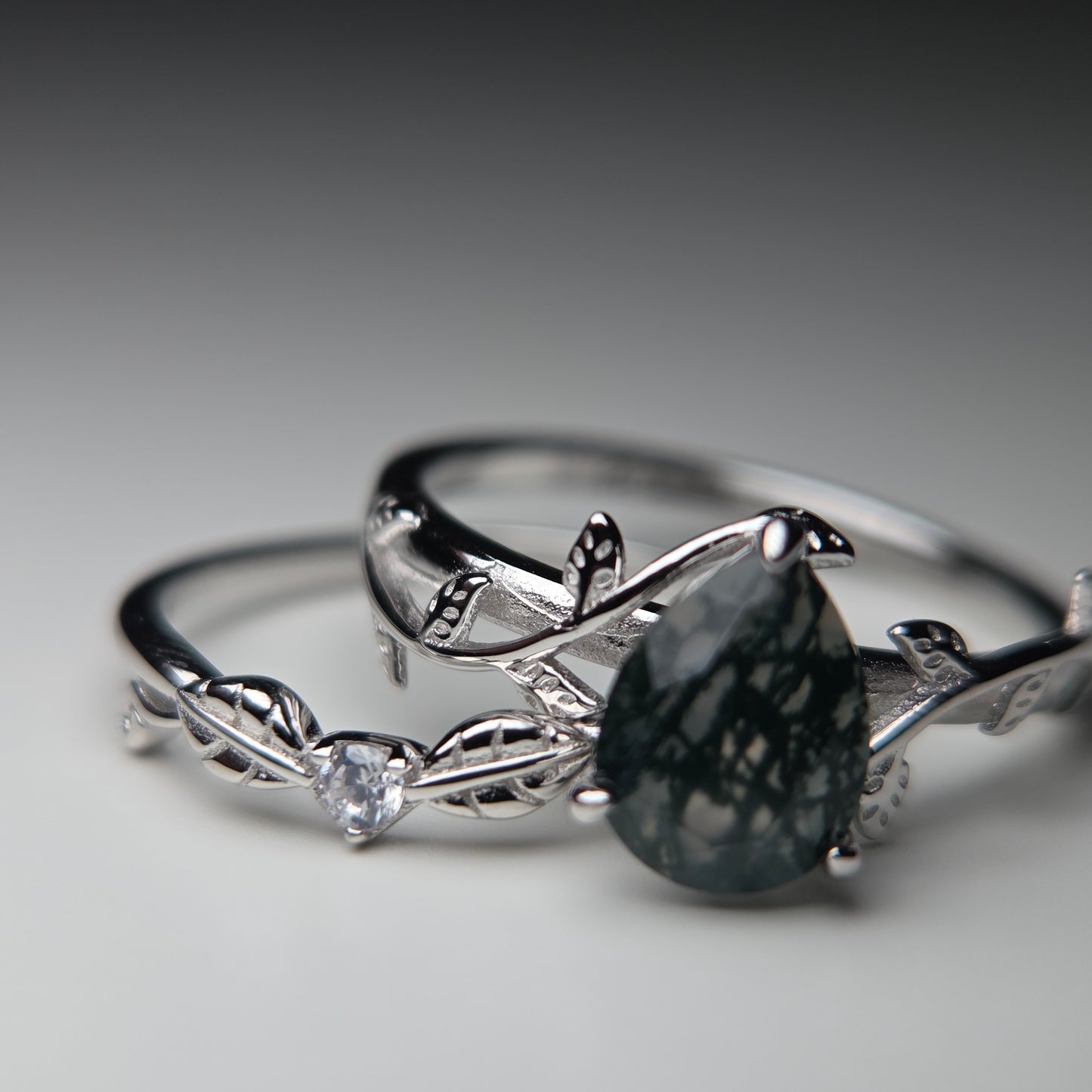 Moss Agate Promise Ring Set - Natural Moss agate Stone with Cubic Zirconia set in 925 silver