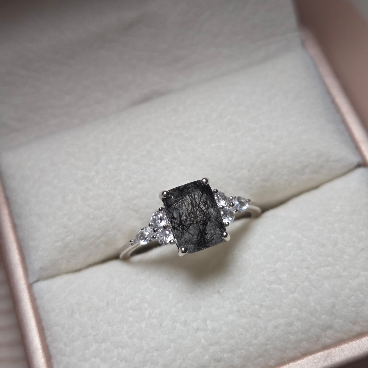 Black Rutilated Quartz Statement Ring – The Black Shard Ring in 925 Sterling Silver Moonstone & Sage
