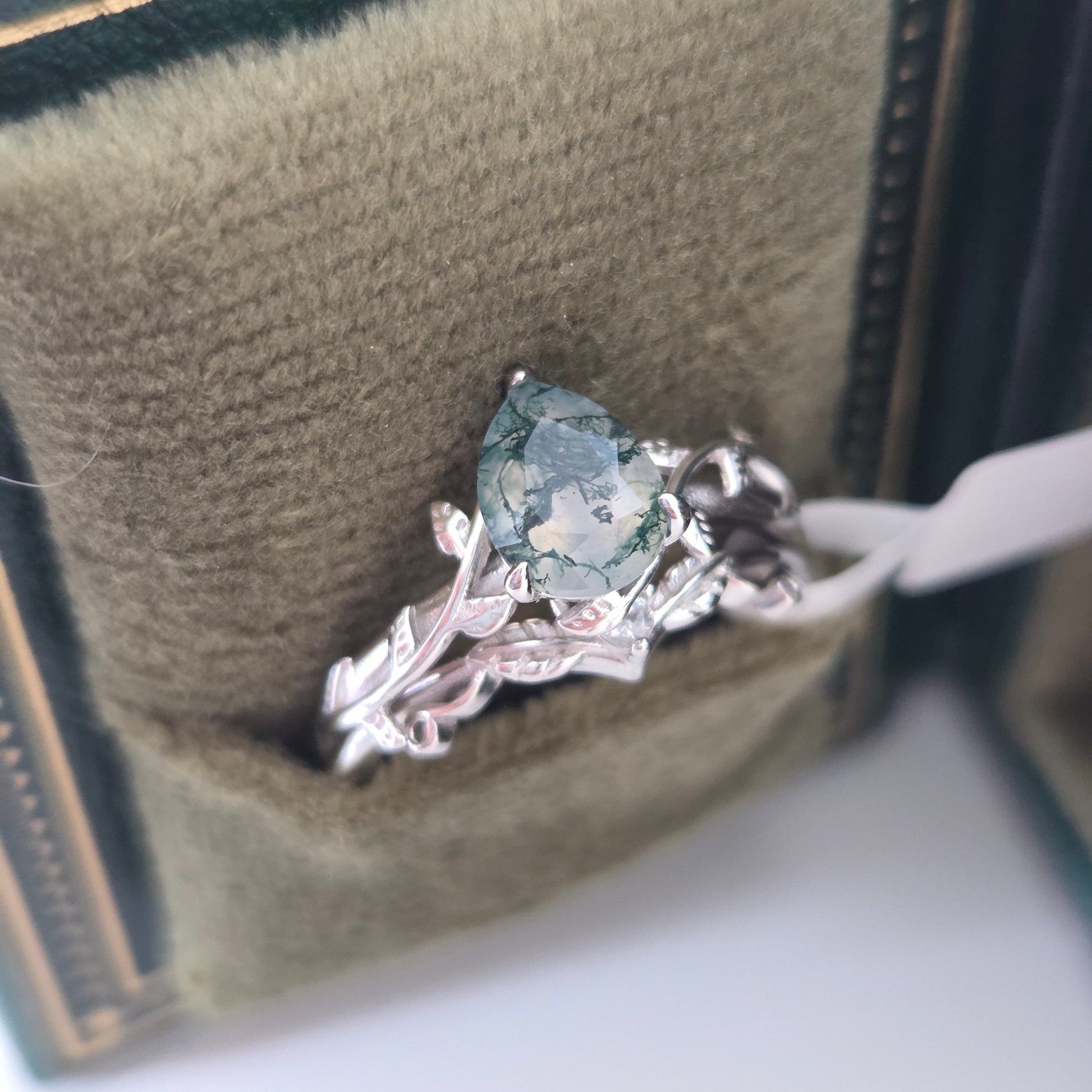 Moss Agate Promise Ring Set | Natural Moss agate Stone | Cubic Zirconia | 925 silver Moonstone&Sage
