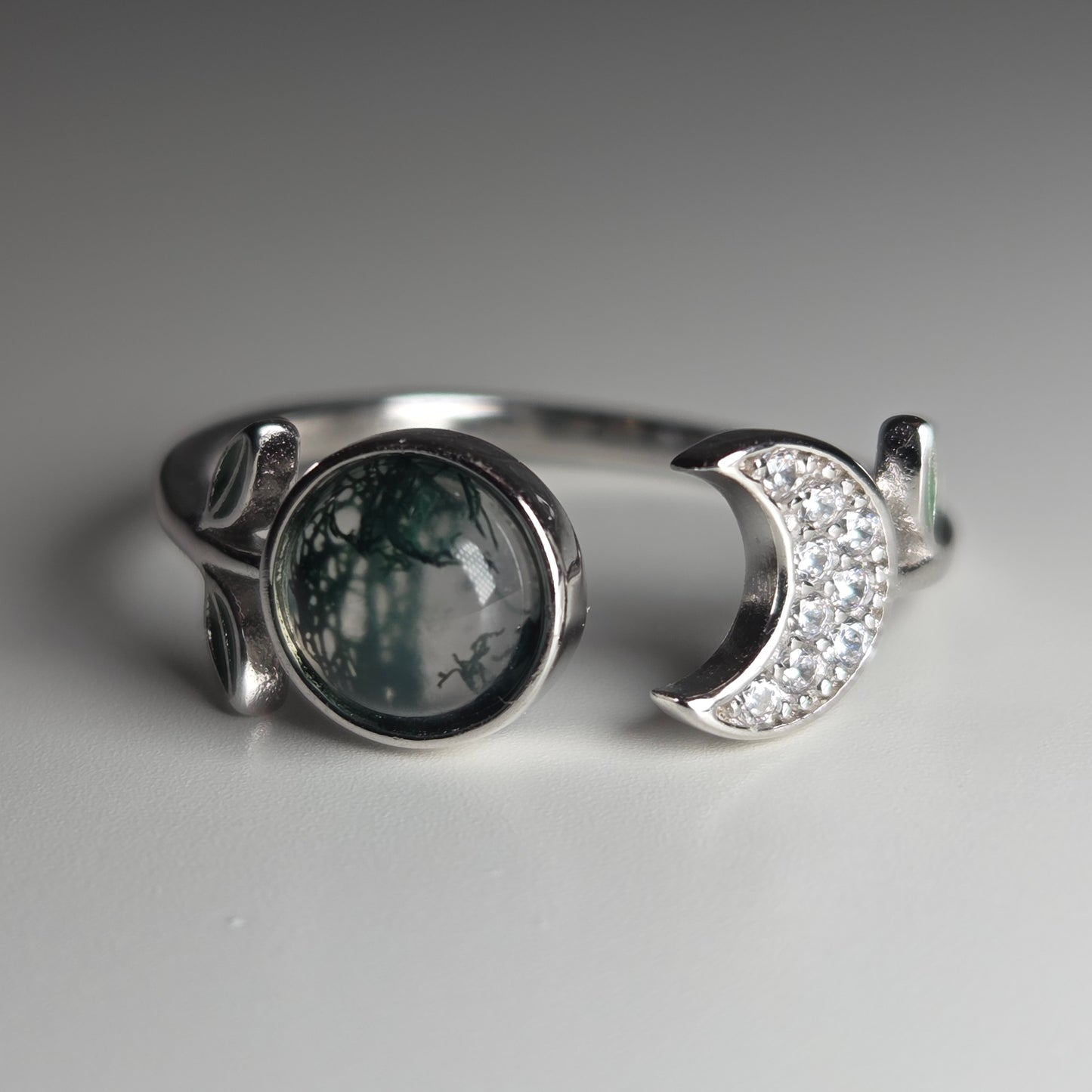 Little Forest Moon Adjustable Ring | Moss Agate 925 Sterling Silver
