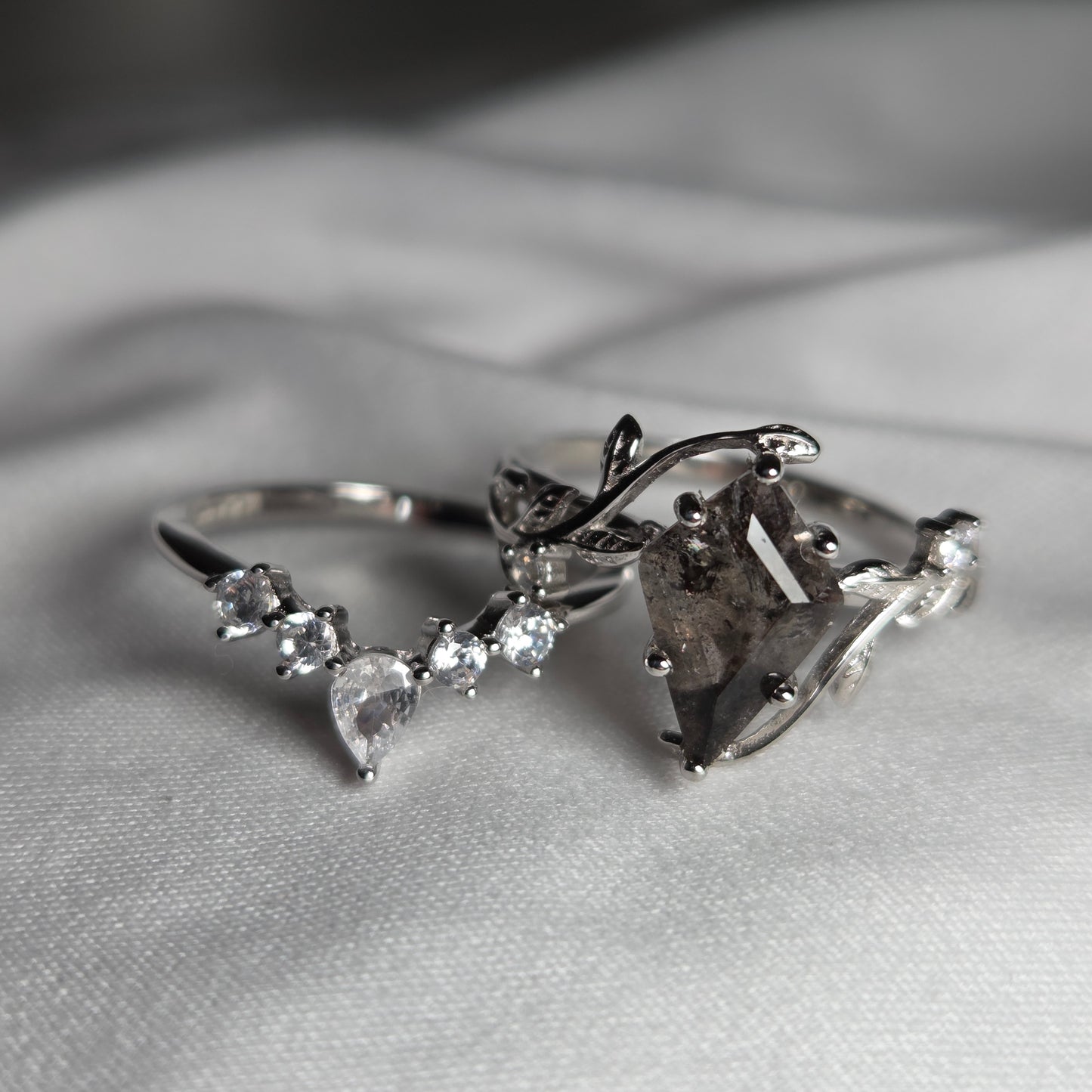 Salt and Pepper Herkimer Diamond Ring Set – 925 Sterling Silver Rhodium-Plated Herkimer Quartz Rings