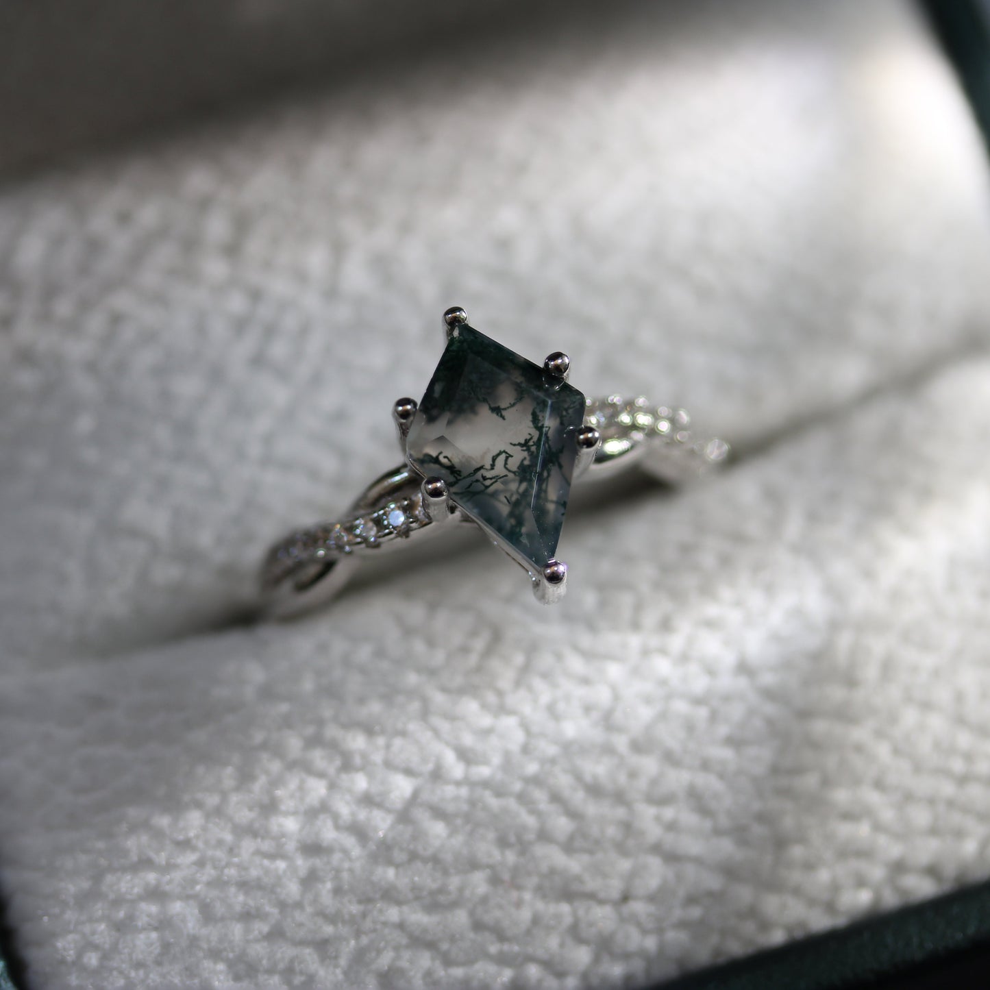 Forest Glade Moss Agate Alternative Engagement Ring Moonstone & Sage