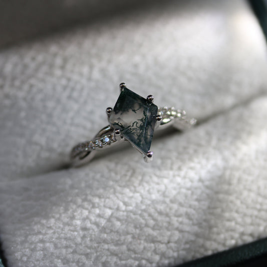 Forest Glade Moss Agate Alternative Engagement Ring Moonstone & Sage