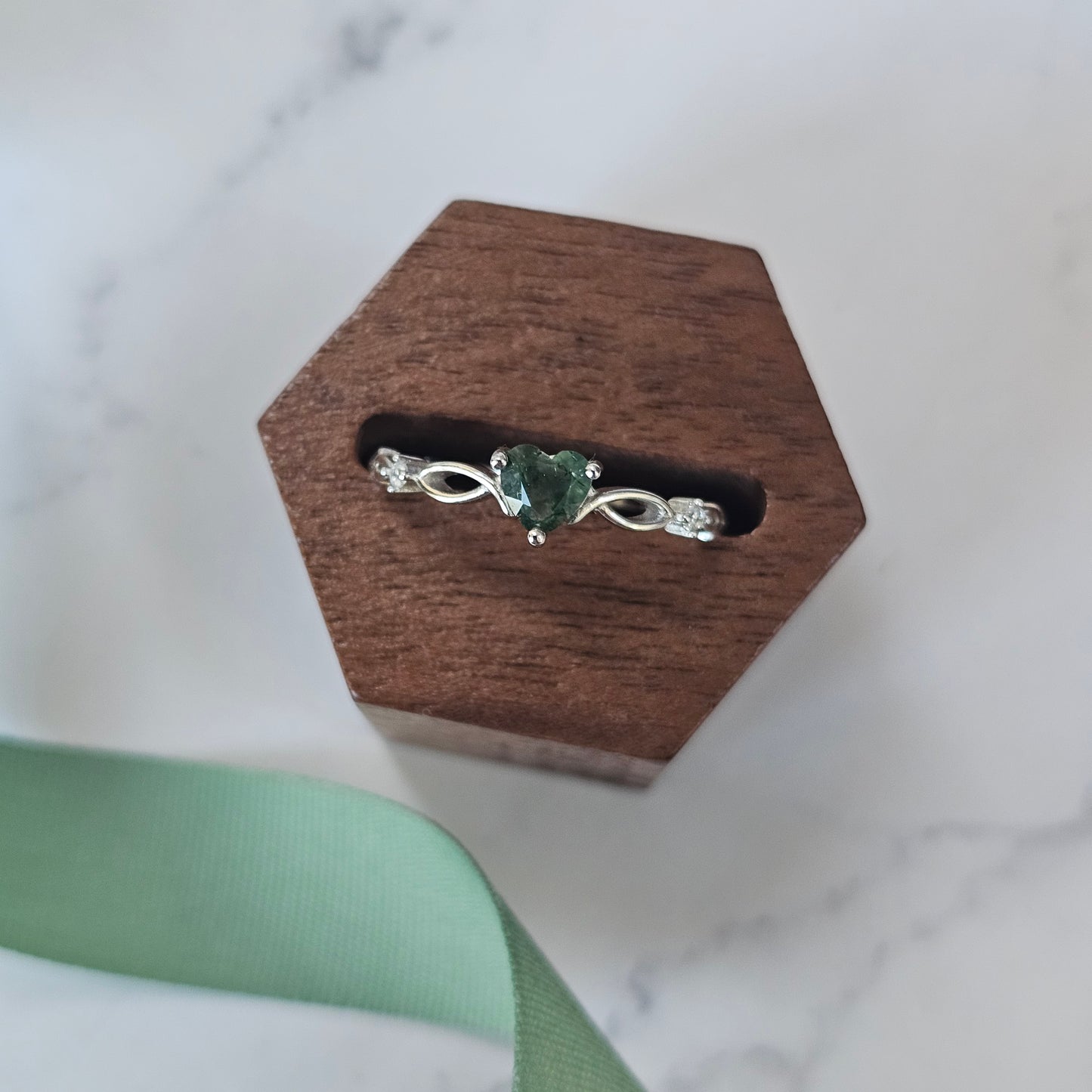 silver ring with heart-cut moss agate stone
