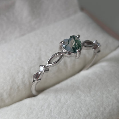 Evergreen Heart Natural Moss Agate Ring | 925 Sterling Silver Moonstone&Sage