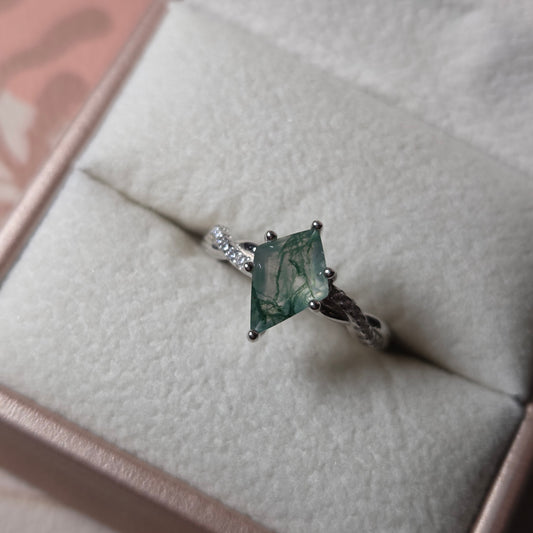 Forest Glade Moss Agate Alternative Engagement Ring Moonstone & Sage