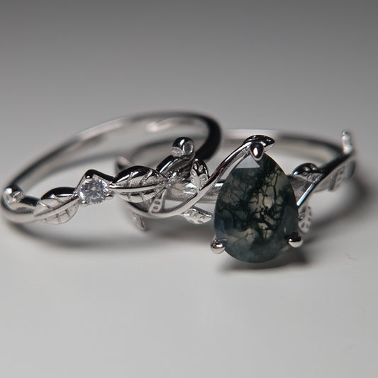 Moss Agate Promise Ring Set - Natural Moss agate Stone with Cubic Zirconia set in 925 silver