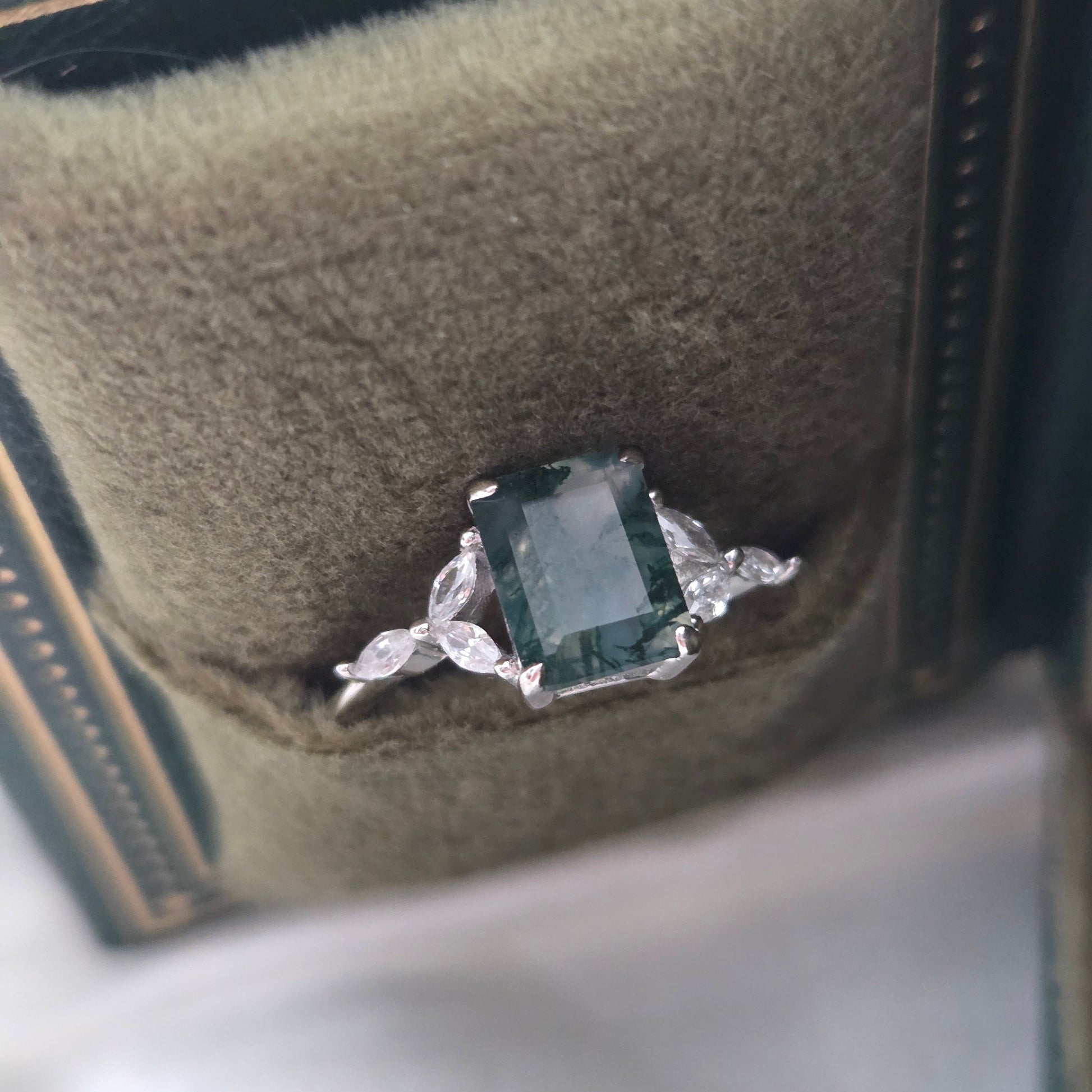 Natural Moss Agate Ring | Emerald-cut | Cubic Zirconia | 925 Sterling Silver Moonstone&Sage