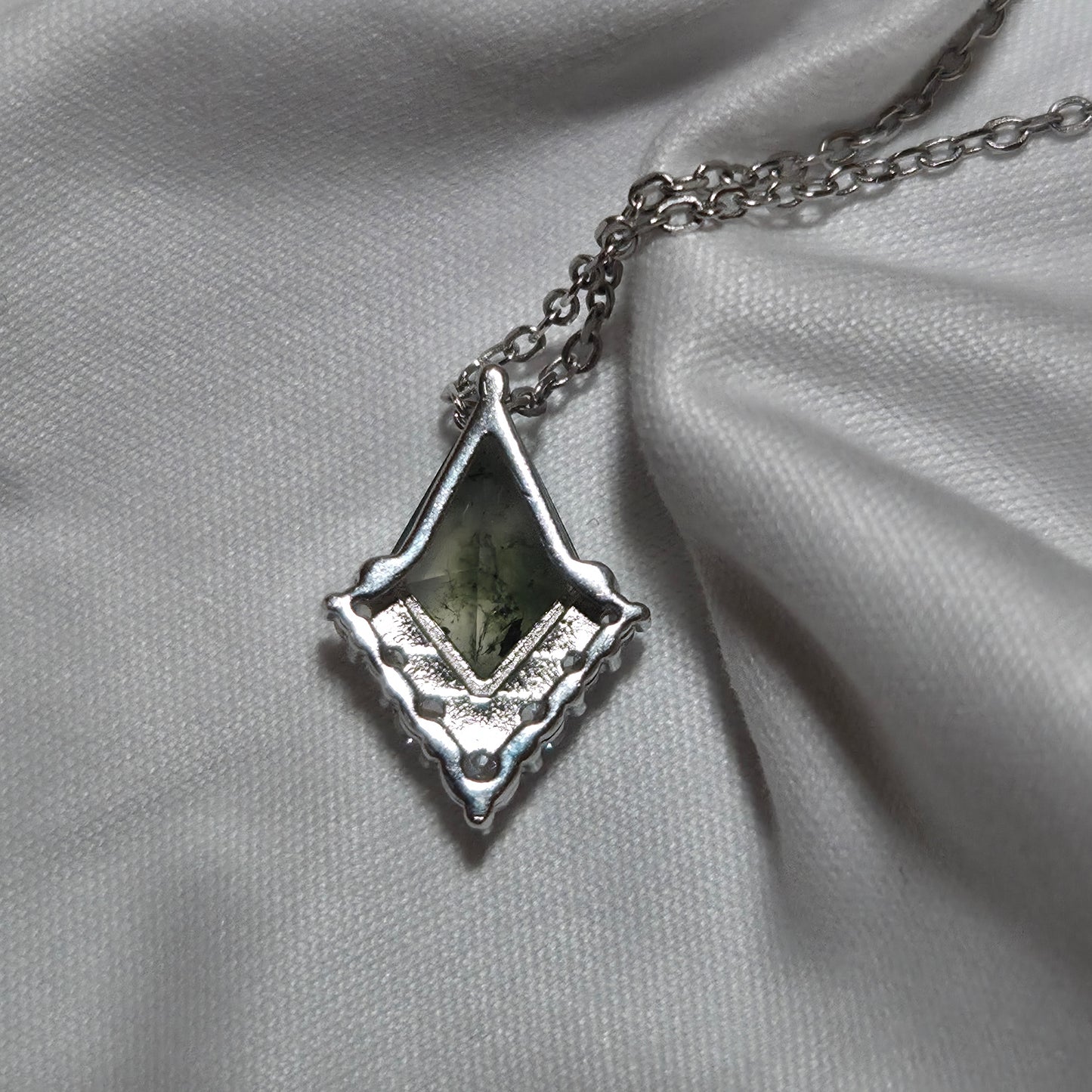 Forest Dream Necklace - Natural Moss Agate With Cubic Zirconia 925 Silver 18" Chain