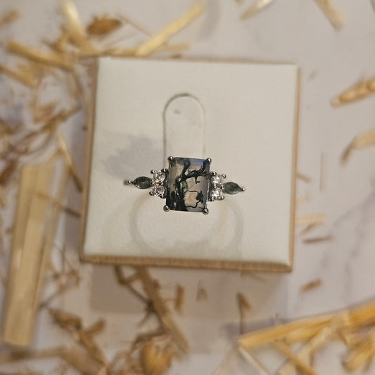 Woodland Echo's - Square Moss Agate Ring Natural Stone