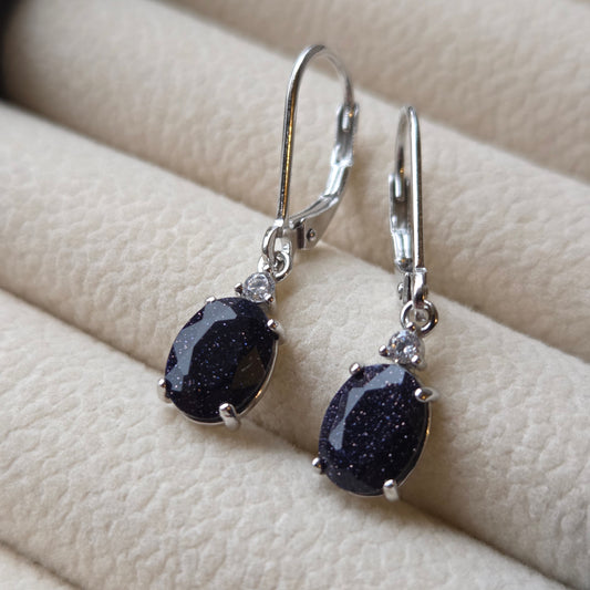 Celestial Sparkle Blue Sandstone Dangle Earrings | Oval 925 Sterling Silver