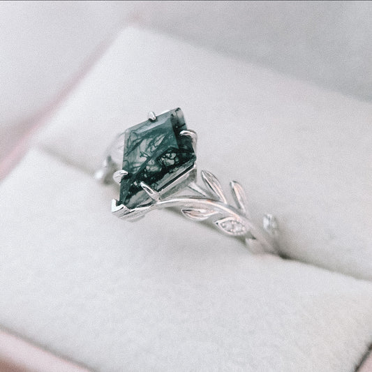Moss Agate Olive Grove Leaf Ring | Platinum Plated | 925 Sterling Silver Moonstone&Sage