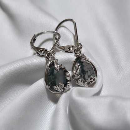Whispering Moss Earrings – Natural Moss Agate Teardrop Drop Earrings in 925 Sterling Silver Moonstone & Sage
