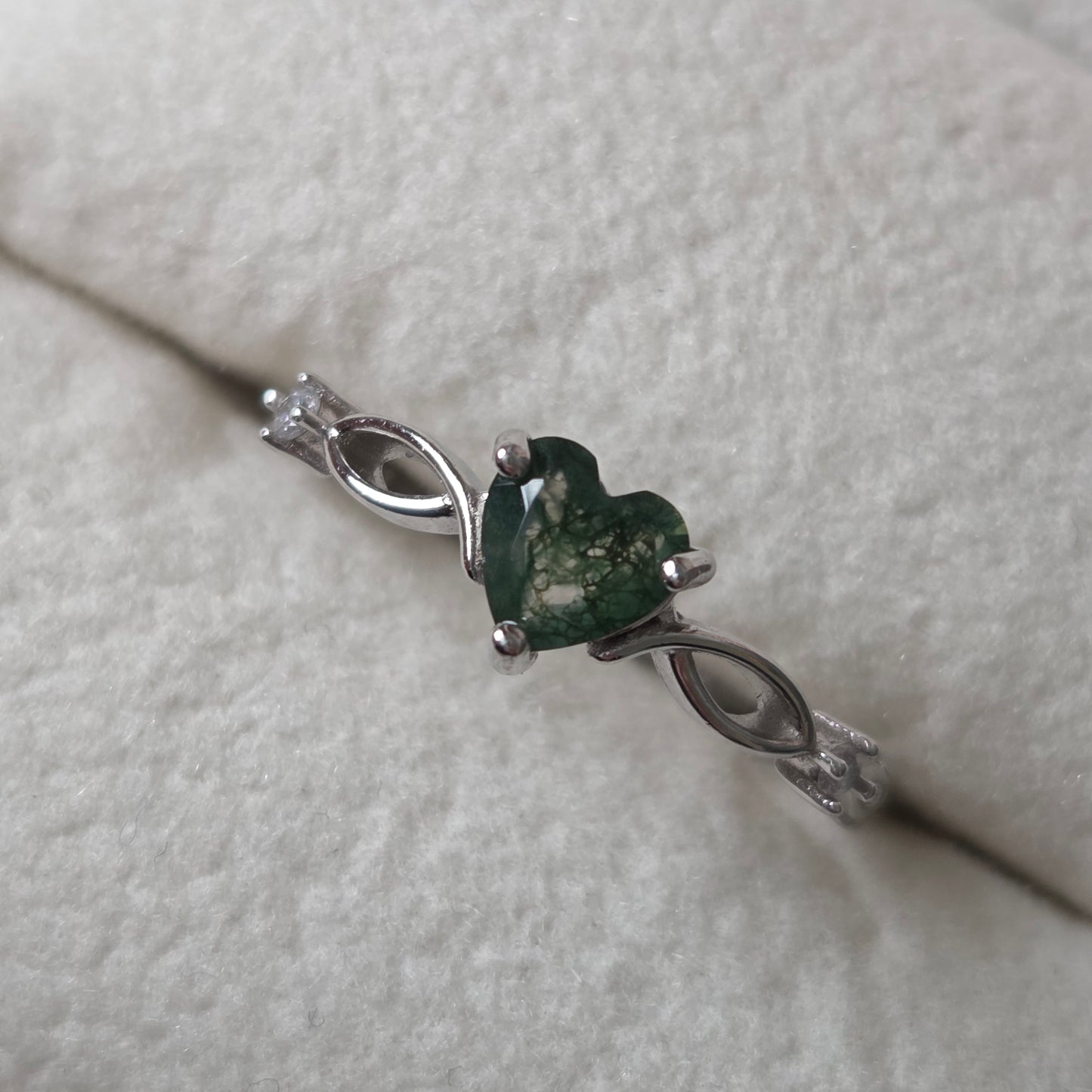 Evergreen Heart Natural Moss Agate Ring | 925 Sterling Silver Moonstone&Sage