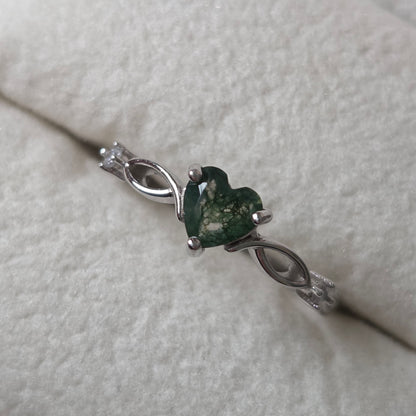 Evergreen Heart Natural Moss Agate Ring | 925 Sterling Silver Moonstone&Sage
