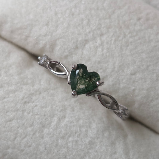 Evergreen Heart Natural Moss Agate Ring | 925 Sterling Silver Moonstone&Sage