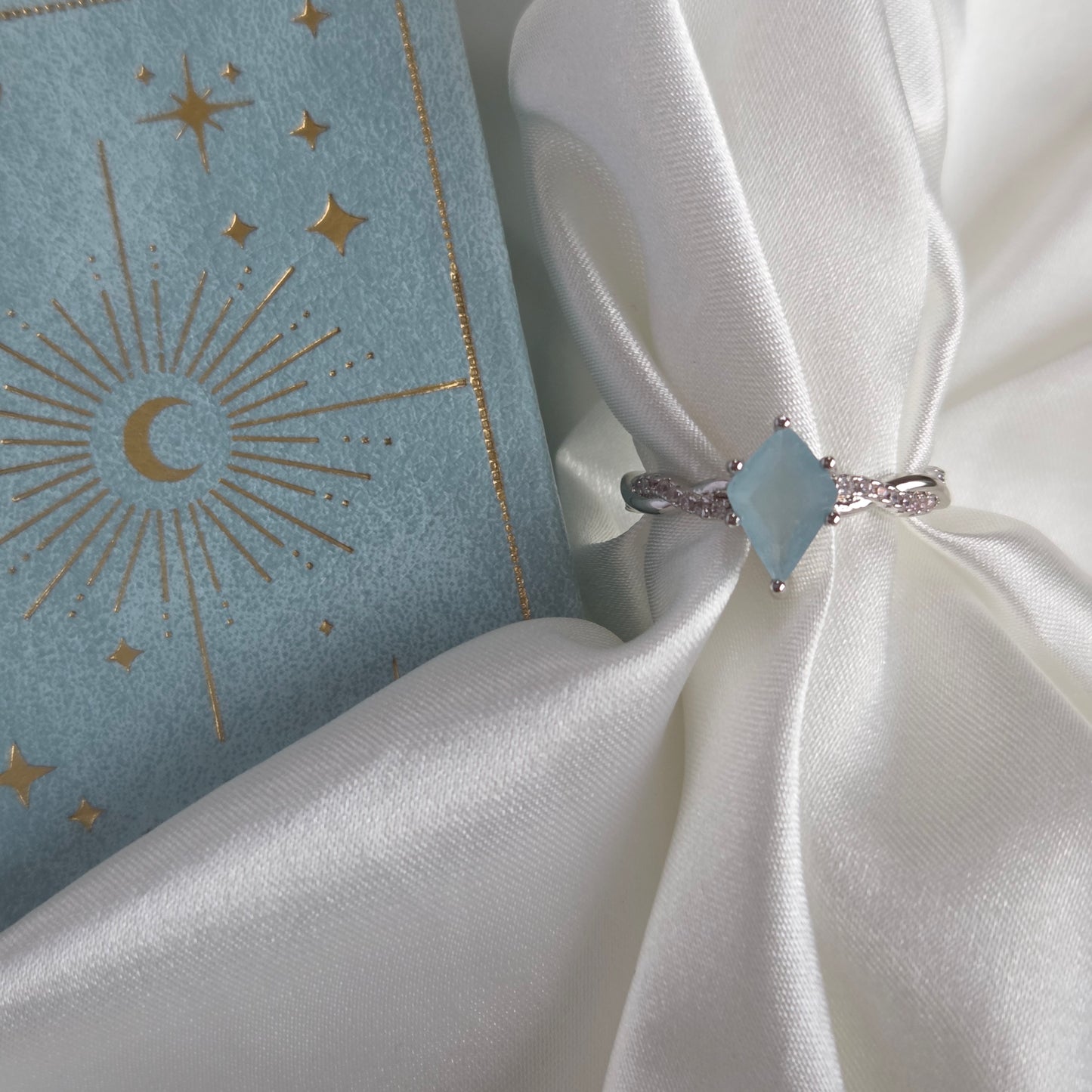 Aqua Tidal Crown Ring – Natural Aquamarine Kite Cut in 925 Sterling Silver, Platinum Plated
