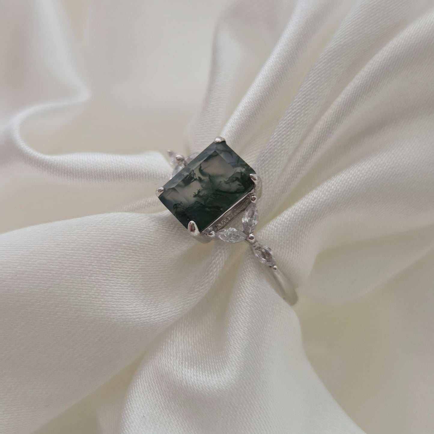 Natural Moss Agate Ring | Emerald-cut | Cubic Zirconia | 925 Sterling Silver Moonstone&Sage