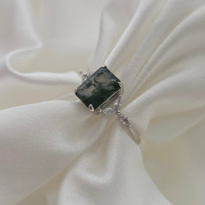 Natural Moss Agate Ring | Emerald-cut | Cubic Zirconia | 925 Sterling Silver Moonstone&Sage