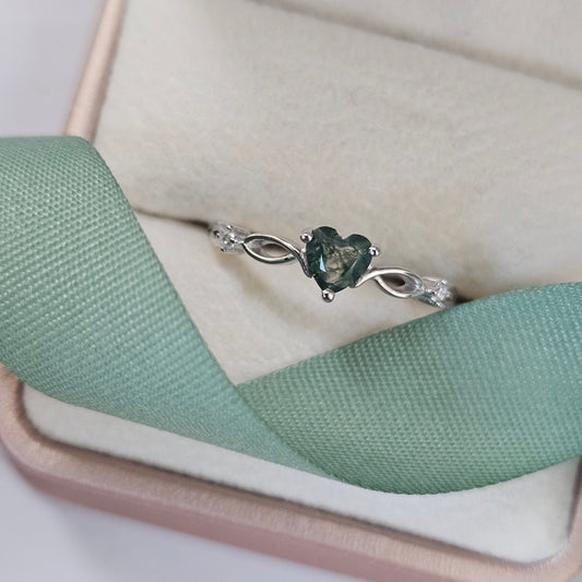 Evergreen Heart Ring – Natural Moss Agate & White Cubic Zirconia Set  in 925 Sterling Silver
