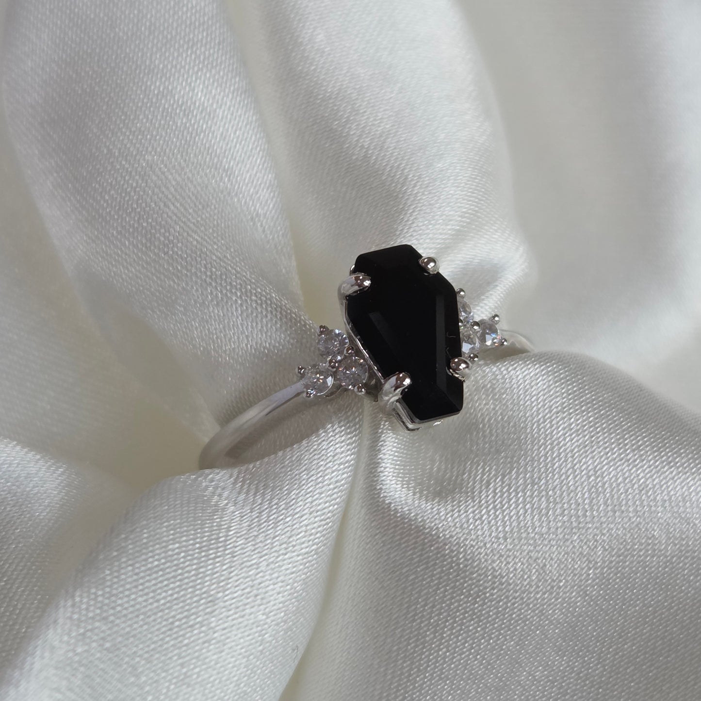 black onyx coffin shaped ring