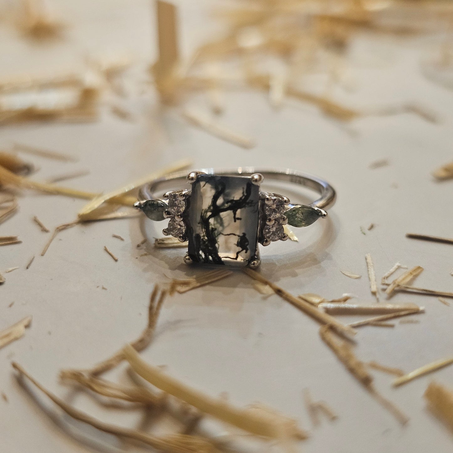 Woodland Echo's - Square Moss Agate Ring Natural Stone