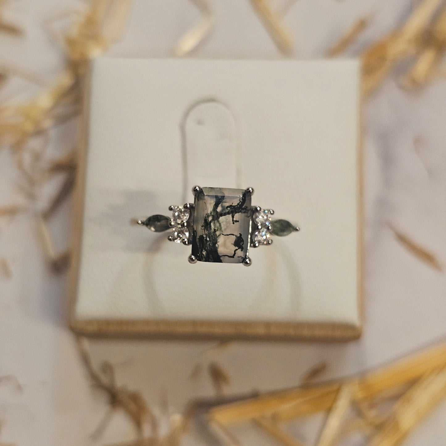 Woodland Echo's - Square Moss Agate Ring Natural Stone