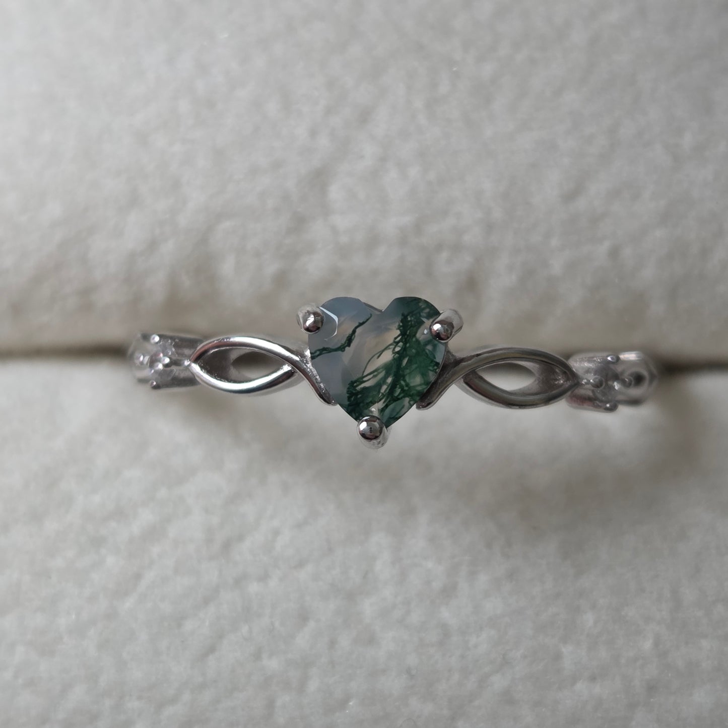 Evergreen Heart Natural Moss Agate Ring | 925 Sterling Silver Moonstone&Sage