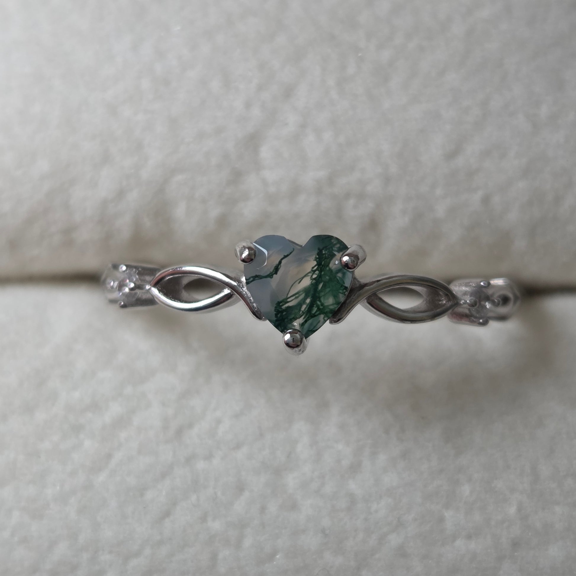 Evergreen Heart Natural Moss Agate Ring | 925 Sterling Silver Moonstone&Sage