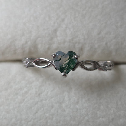 Evergreen Heart Natural Moss Agate Ring | 925 Sterling Silver Moonstone&Sage