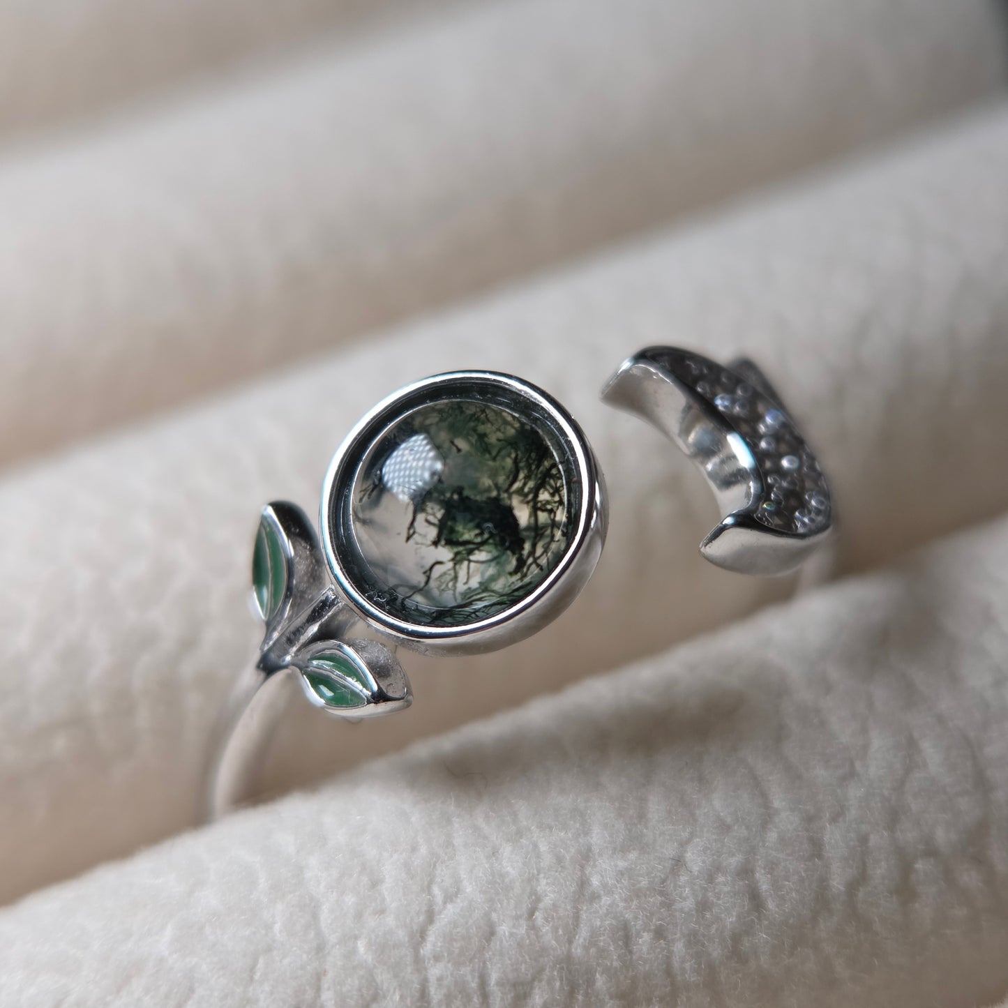 Little Forest Moon Adjustable Ring | Moss Agate 925 Sterling Silver