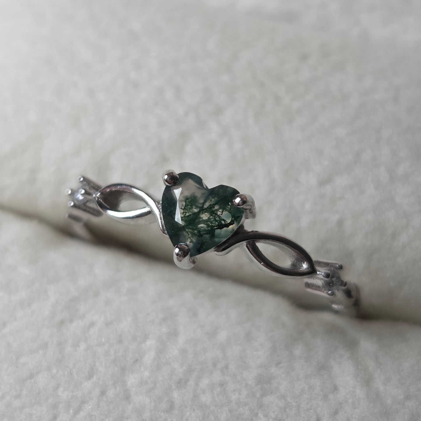 Evergreen Heart Natural Moss Agate Ring | 925 Sterling Silver Moonstone&Sage