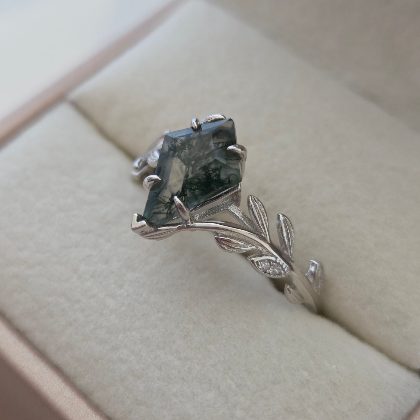 Kite Cut Moss Agate Olive Grove Ring | Platinum Plated | 925 Sterling Silver Moonstone&Sage