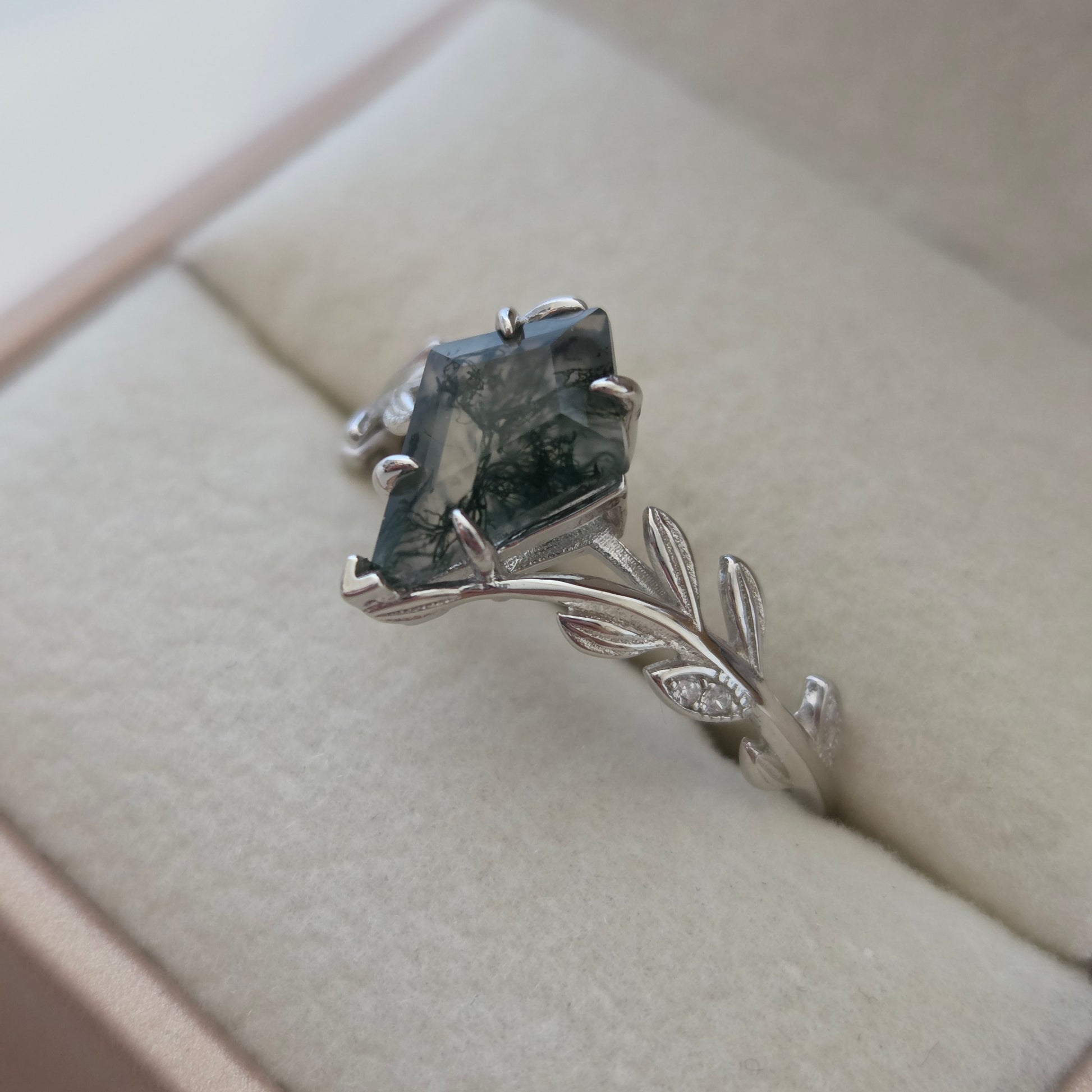 Kite Cut Moss Agate Olive Grove Ring | Platinum Plated | 925 Sterling Silver Moonstone&Sage