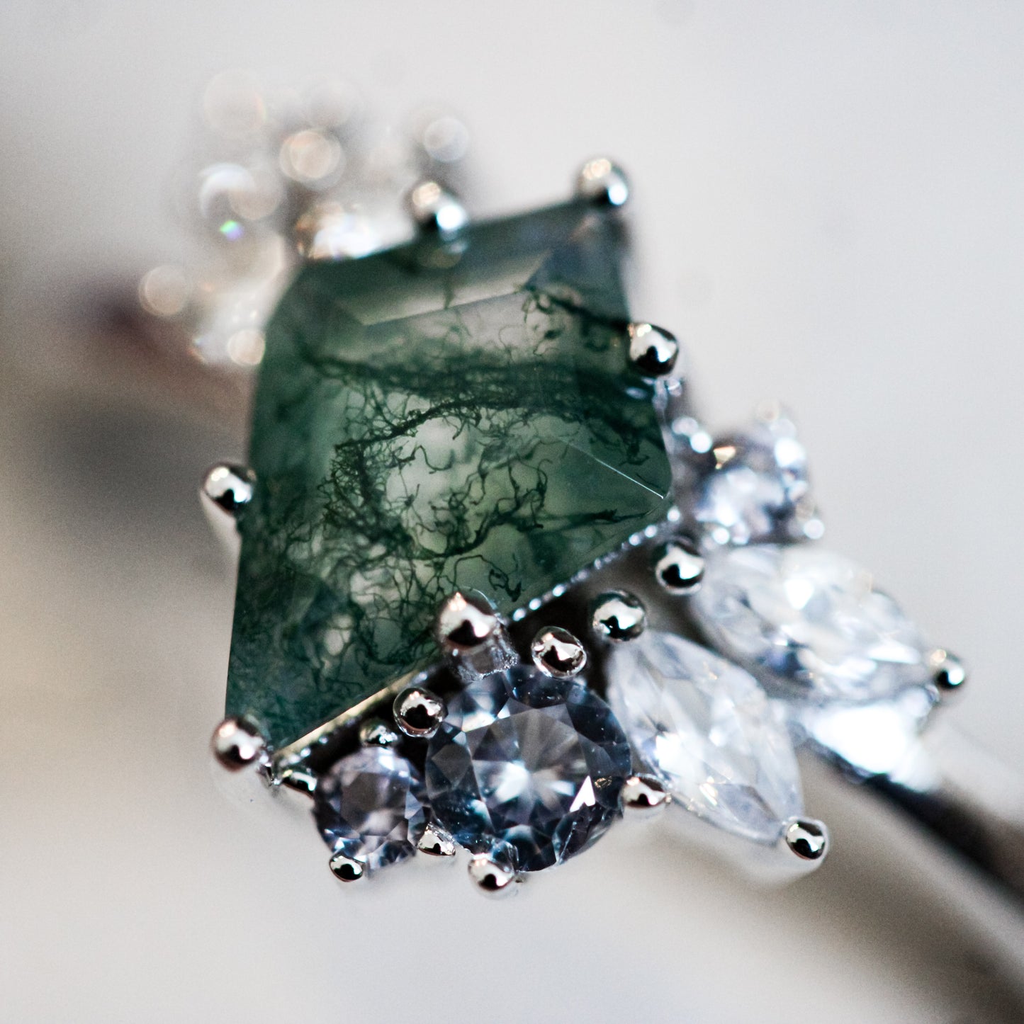 Aurora Forest Moss Agate Alternative Engagement Ring Moonstone&Sage