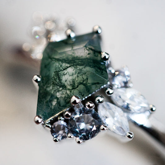 Aurora Forest Moss Agate Alternative Engagement Ring Moonstone&Sage
