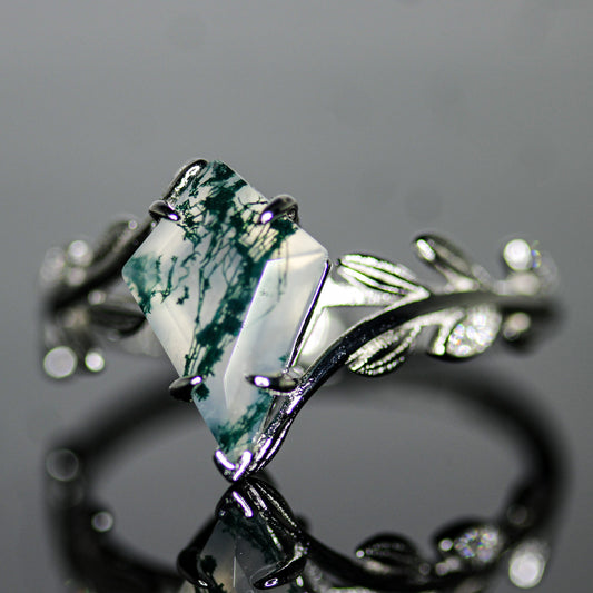 Kite Cut Moss Agate Olive Grove Ring | Platinum Plated | 925 Sterling Silver Moonstone&Sage