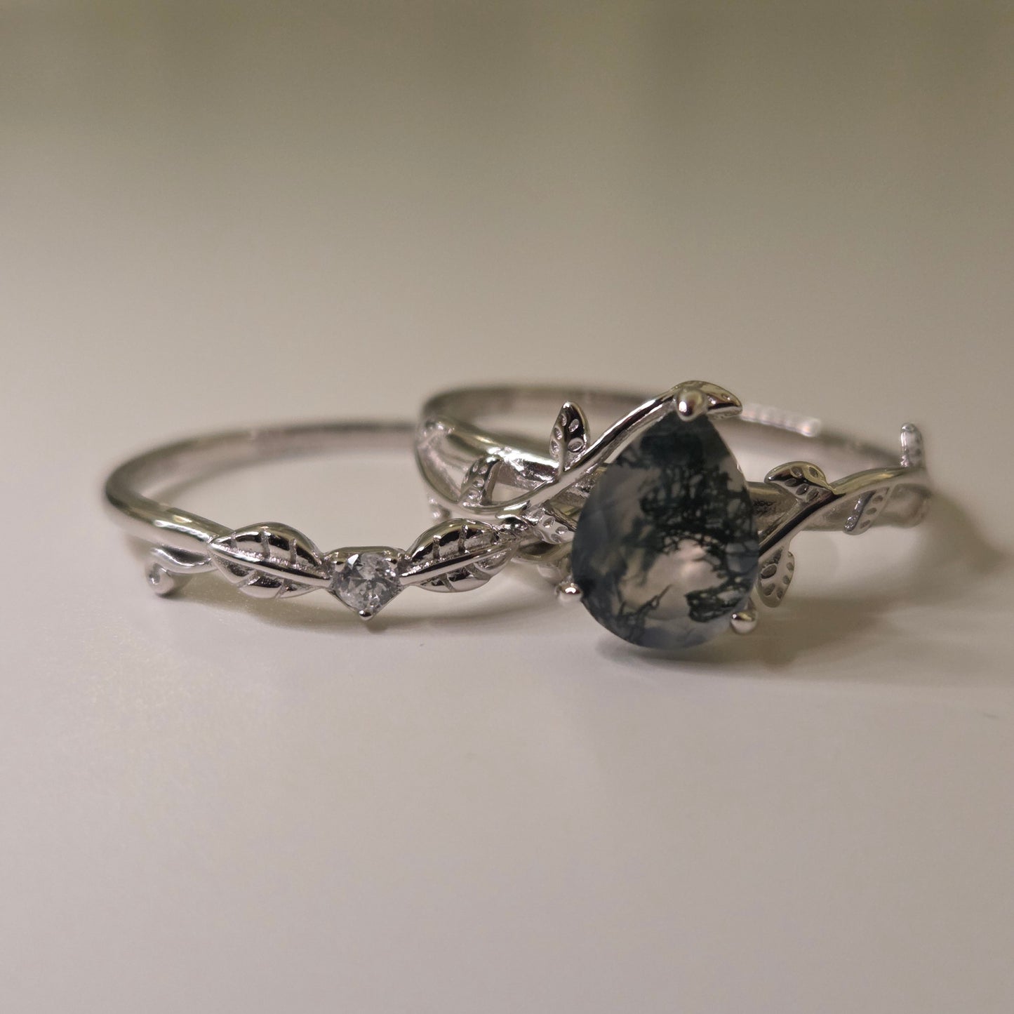 Moss Agate Promise Ring Set - Natural Moss agate Stone with Cubic Zirconia set in 925 silver