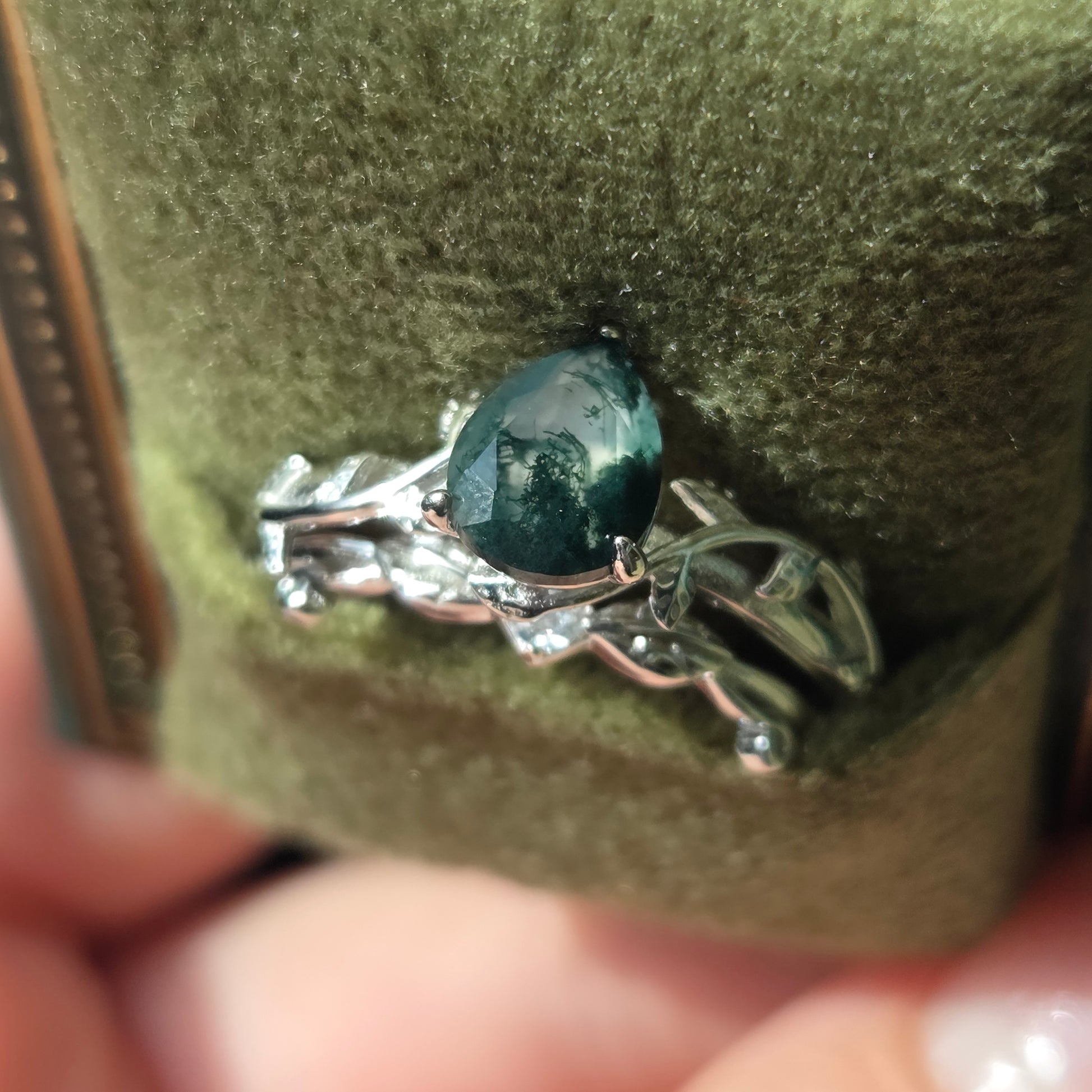 Moss Agate Promise Ring Set | Natural Moss agate Stone | Cubic Zirconia | 925 silver Moonstone&Sage