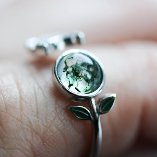 Limited Edition Little Forest Moon Ring | Moss Agate Adjustable Ring in 925 Sterling Silver Moonstone&Sage