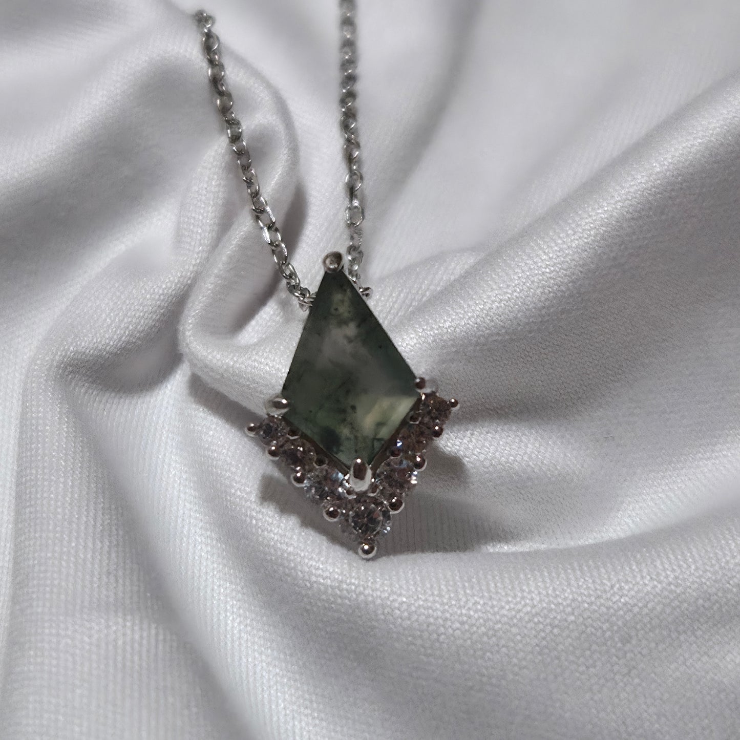 Forest Dream Necklace - Natural Moss Agate With Cubic Zirconia 925 Silver 18" Chain