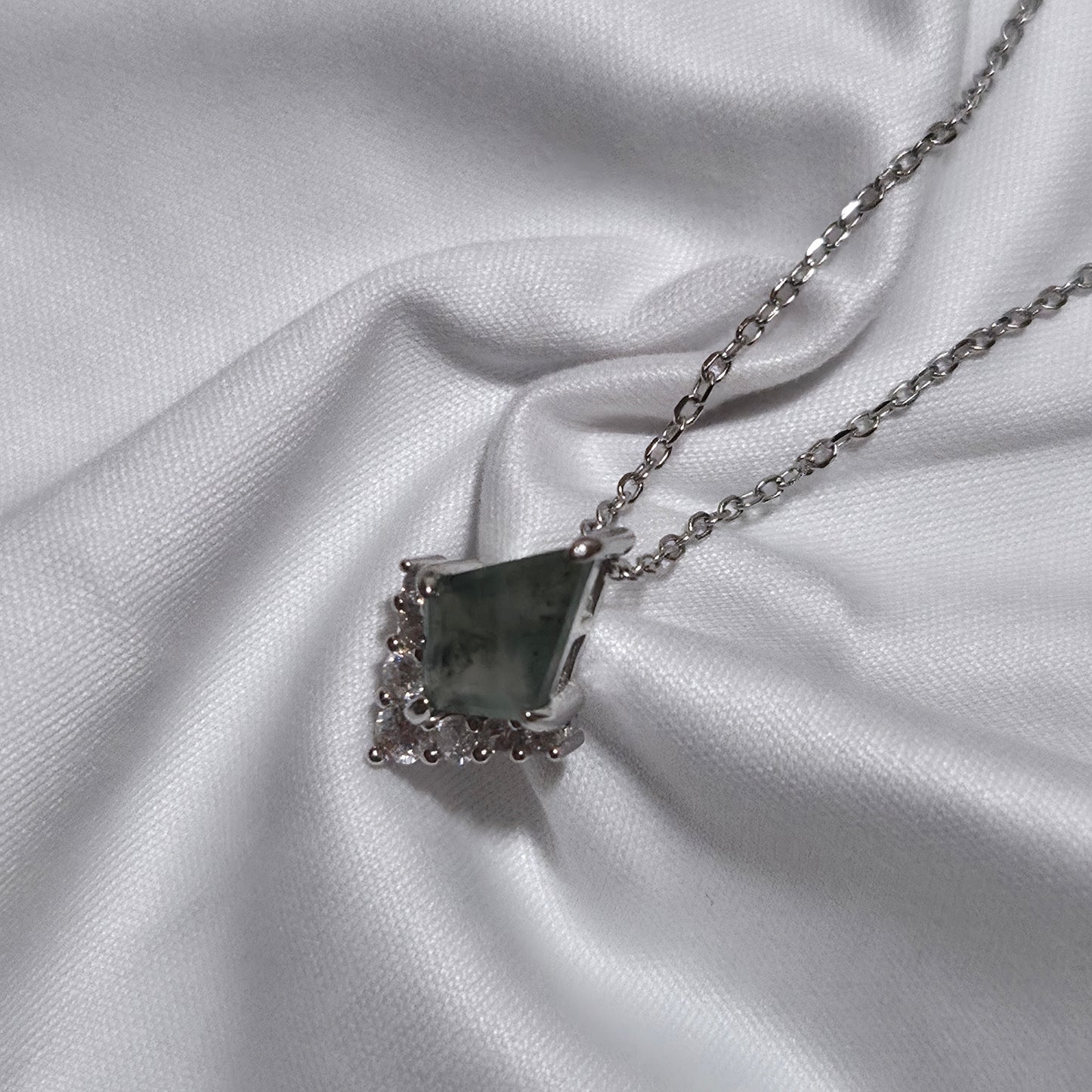 Forest Dream Necklace - Natural Moss Agate With Cubic Zirconia 925 Silver 18" Chain