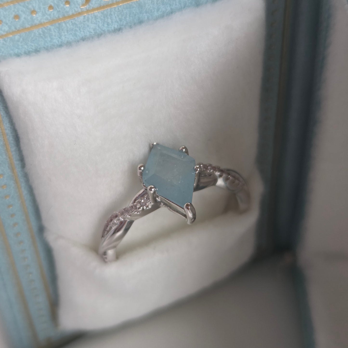 Aqua Tidal Crown Ring – Natural Aquamarine Kite Cut in 925 Sterling Silver, Platinum Plated
