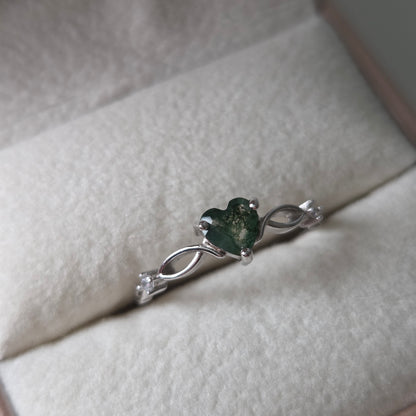 Evergreen Heart Natural Moss Agate Ring | 925 Sterling Silver Moonstone&Sage