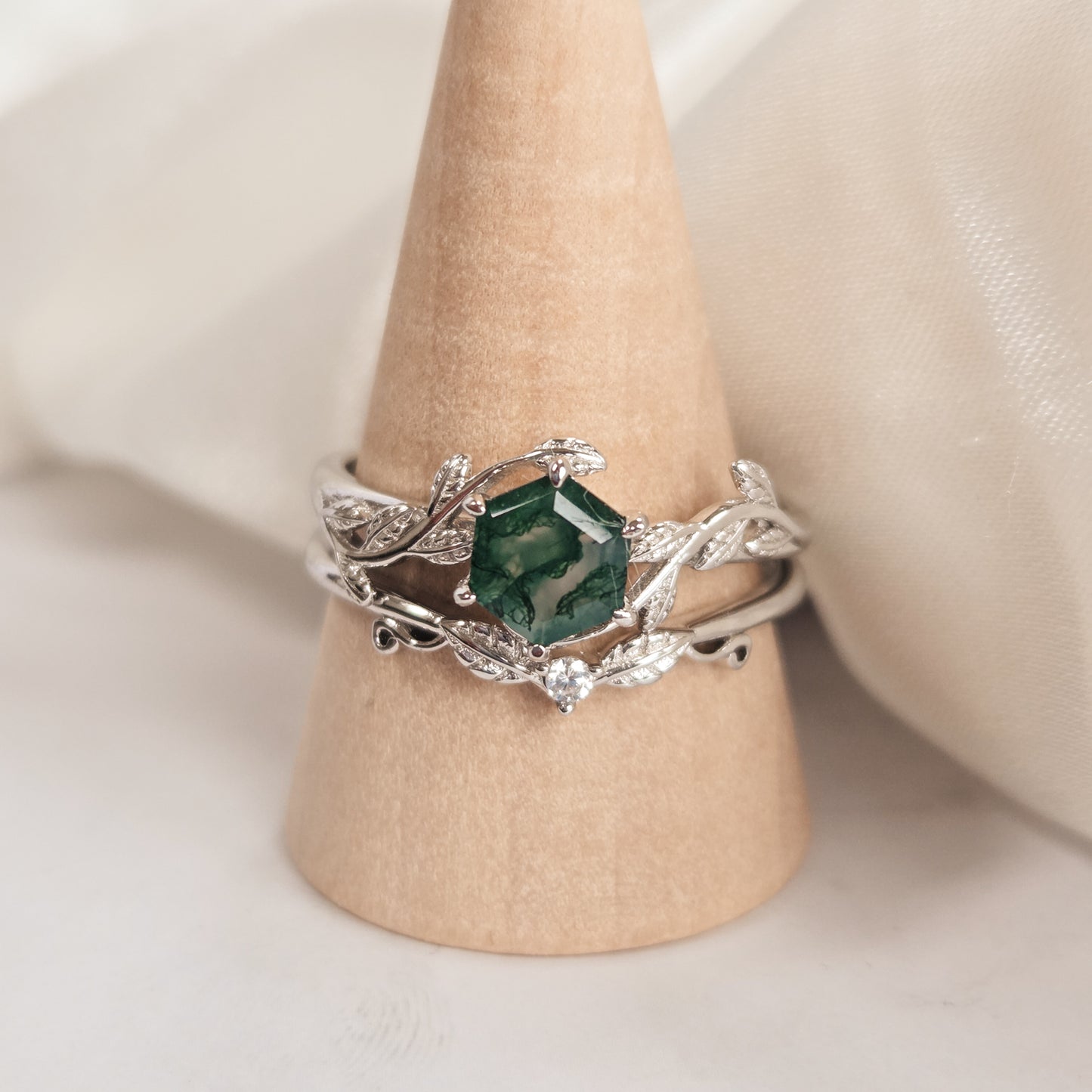 Moss Agate Bridal Set |  Engagement & Wedding Ring Set | 925 Sterling Silver Moonstone&Sage